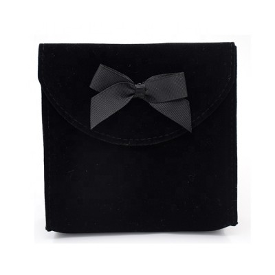 New arrival Custom logo printed small black bow knot envelope flap pouch luxury suede cosmetic necklace jewelry bag