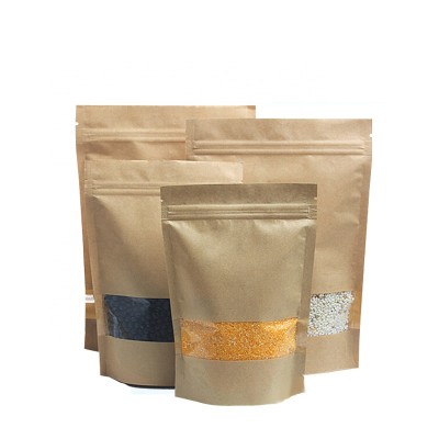 Custom resealable bag candy packaging zipper Kraft paper standup bag with clear window zip kraft stand up food coffee pouches