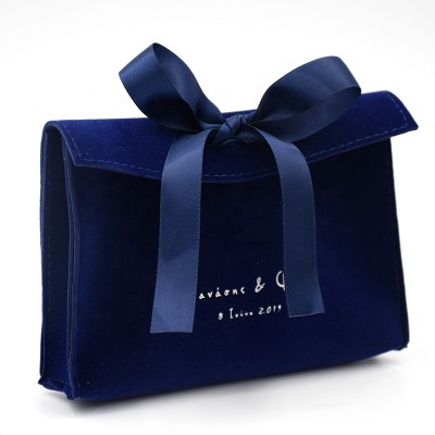 Custom logo printed small dark blue envelope flap suede bag wholesale jewelry Bracelet pouches with bow-knot