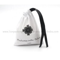 Wholesale custom logo printed small white cotton jewelry gift drawstring pouch