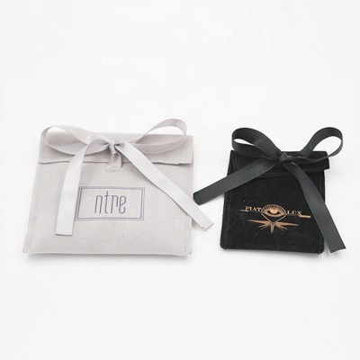 Wholesale custom logo printed envelope shape suede flap jewelry necklace pouch bag with bow knot