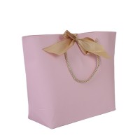 Custom Logo Printed Matt Laminated Pink Gift Paper Shopping Bag With Grosgrain Bow Tie Ribbon Handle